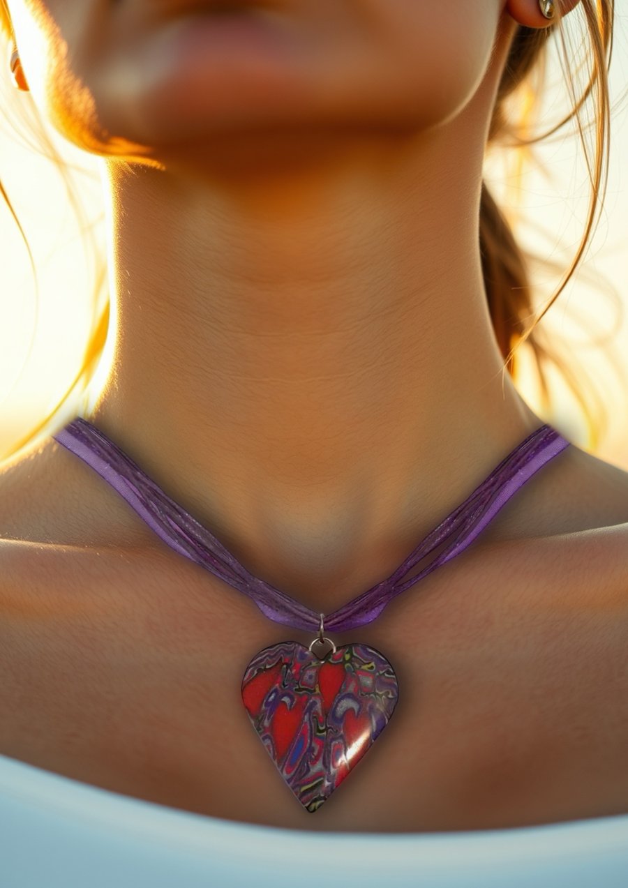 Multi Colour Abstract Polymer Clay Heart Pentant Necklace