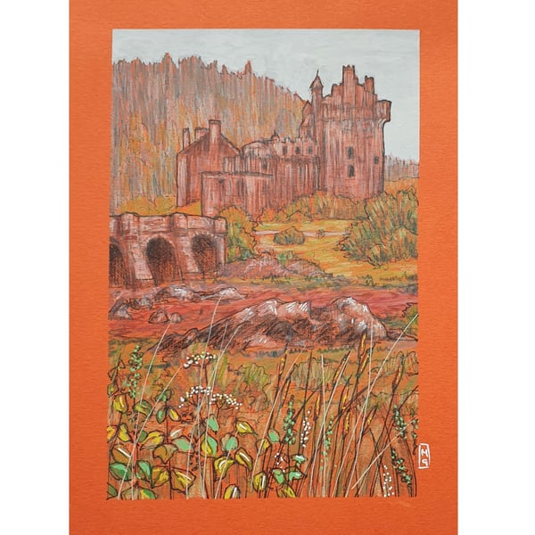 Eilean Donan Castle, Scotland original art, small landscape drawing