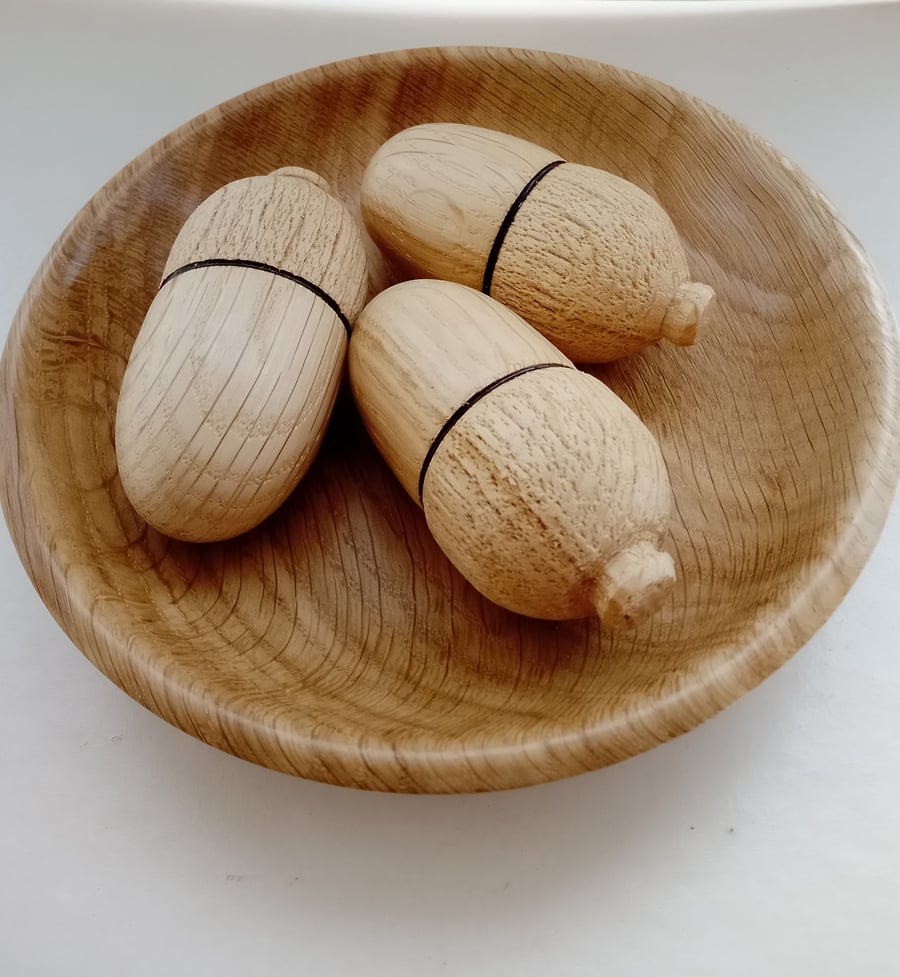 Set of Three Recycled Oak Wood  Acorns in an Oak Wood Bowl 1241
