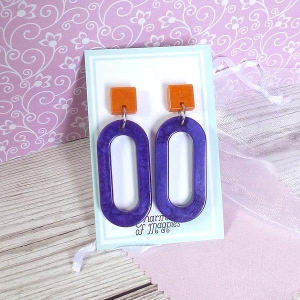 Purple and orange funky resin earrings, colourful fun statement earrings 