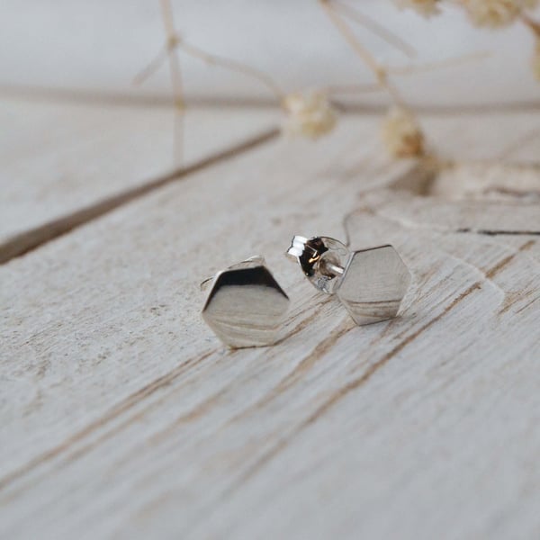 Sterling silver hexagon stud earrings