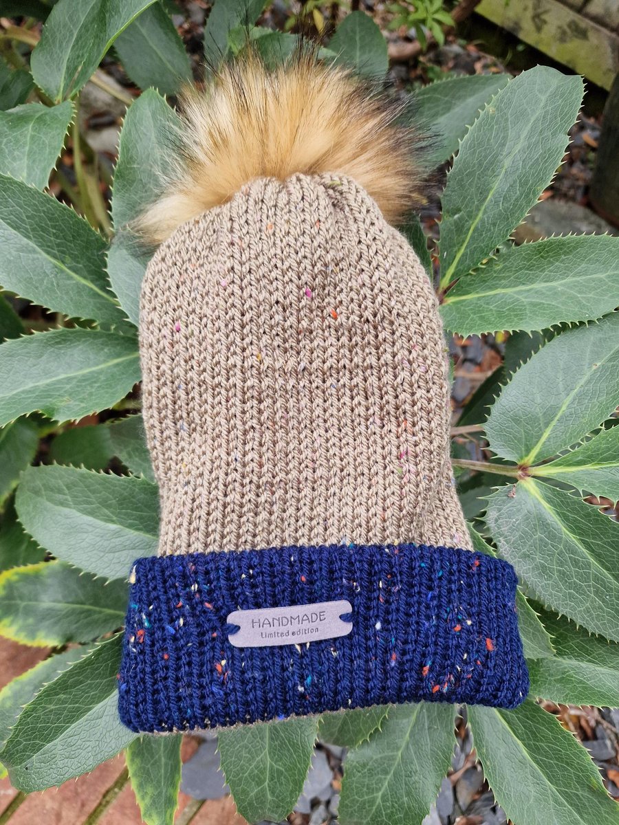 Bobble Hat Army Green and Navy Fleck Handmade Knitted Ladies