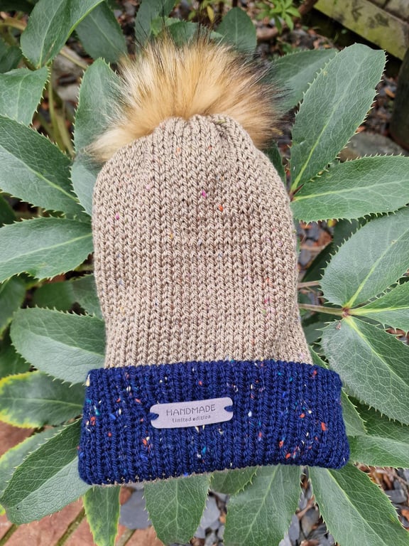 Bobble Hat Army Green and Navy Fleck Handmade Knitted Ladies