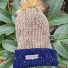 Bobble Hat Army Green and Navy Fleck Handmade Knitted Ladies