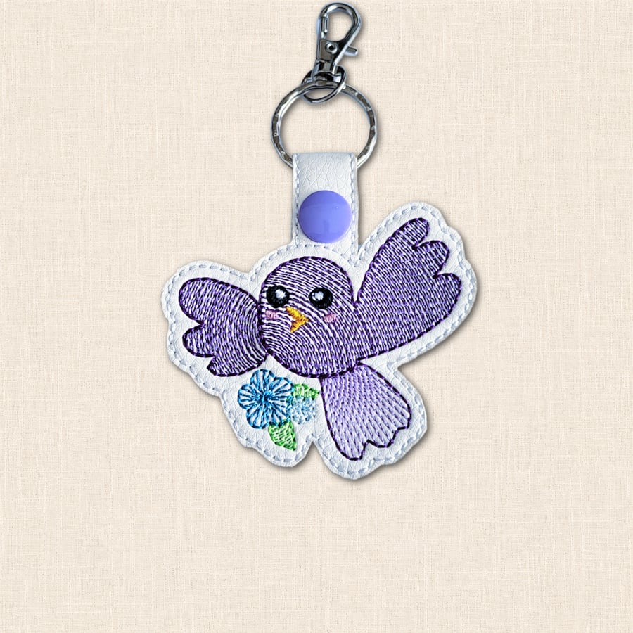 Kawaii Bird Keyring - Embroidered Faux Leather Flower Bag Charm
