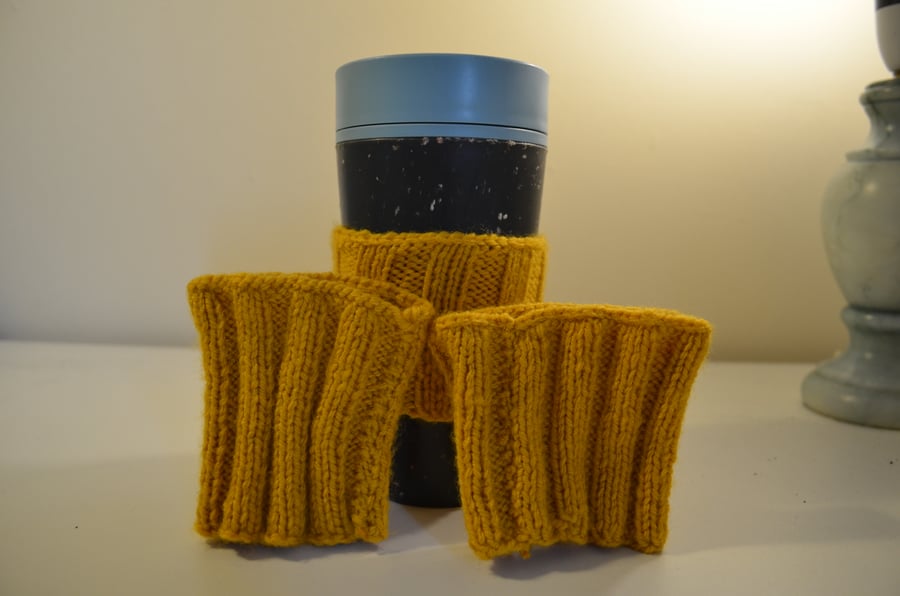 Mustard yellow vertical stripe cup cosies