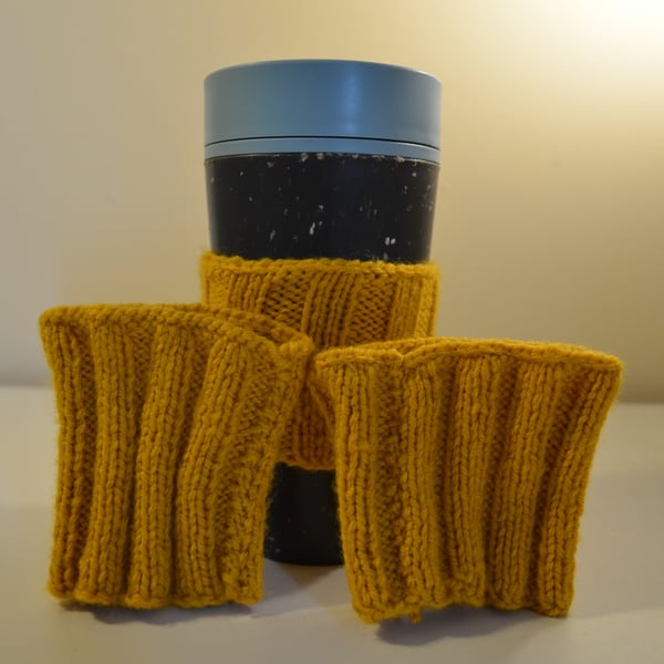 Mustard yellow vertical stripe cup cosies