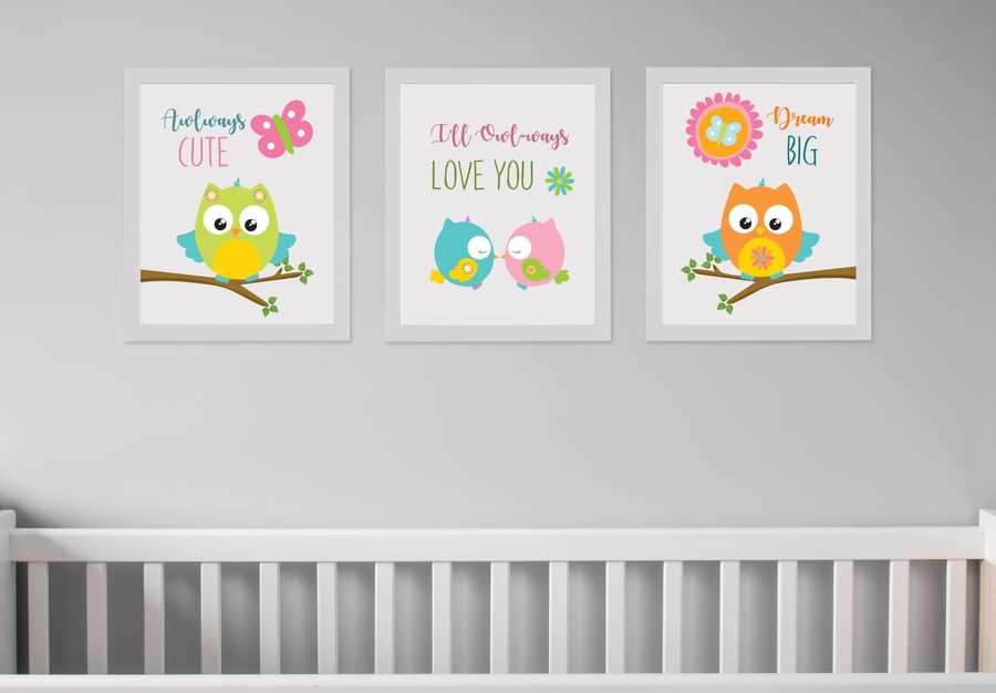 Owl nursery prints, Owl wall decor, Baby girl owl nursery wall prints