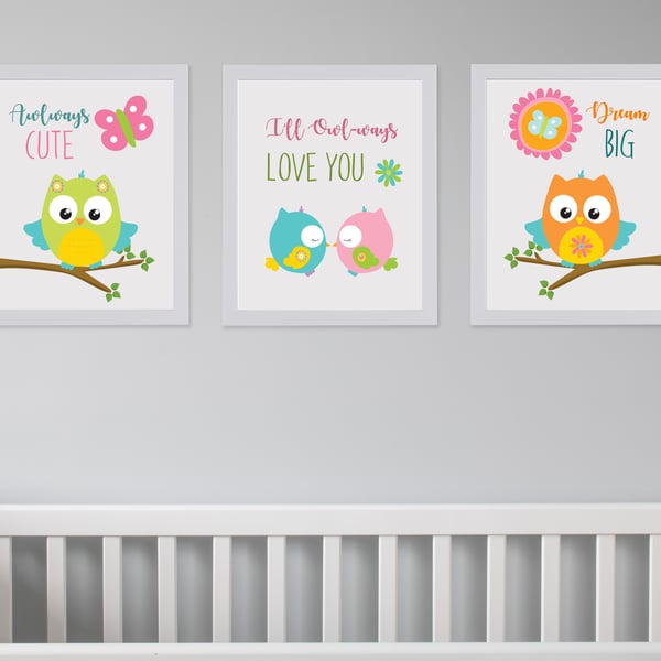 Owl nursery prints, Owl wall decor, Baby girl owl nursery wall prints