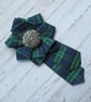 Black Watch Tartan Ruffle Rosette and Leaf Scroll Button Brooch Pin  - Image 1