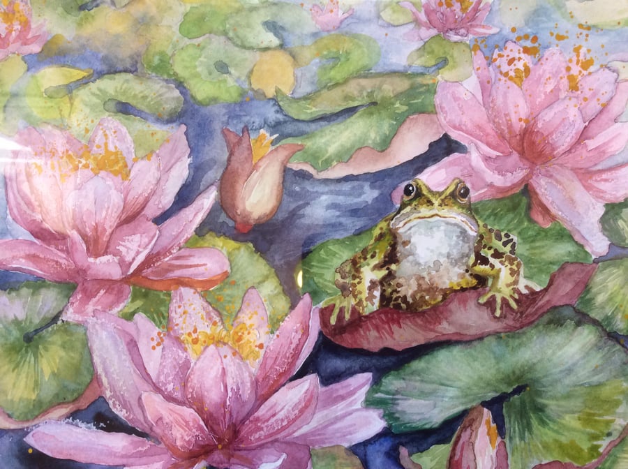 Original watercolour painting of frog on lily pad