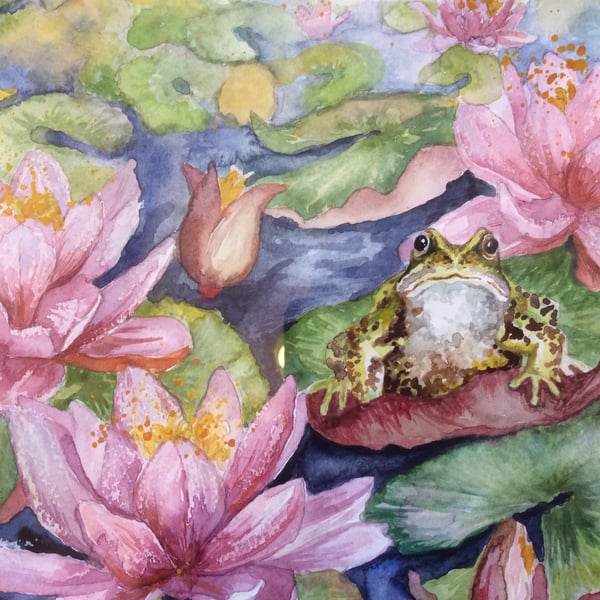Original watercolour painting of frog on lily pad