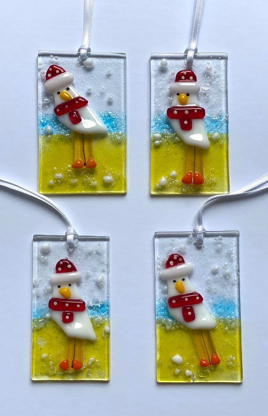 Christmas fused glass seagulls - hanging glass decorations 