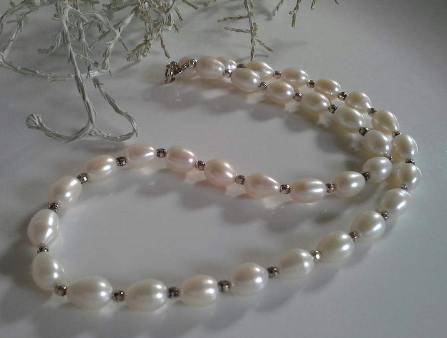 Large Top Quality Ivory White Rice Freshwater Pearl Sterling Silver Necklace