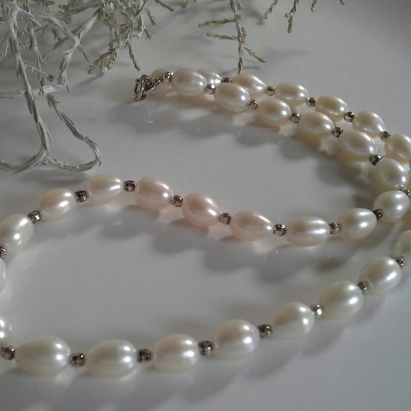 Large Top Quality Ivory White Rice Freshwater Pearl Sterling Silver Necklace