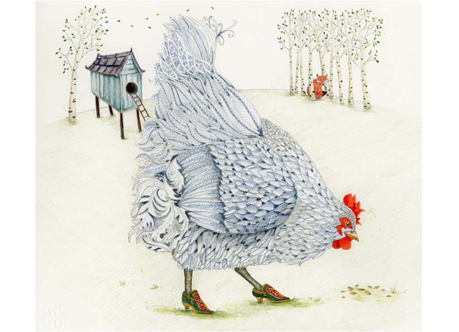Hen in fancy shoes Giclee print A4
