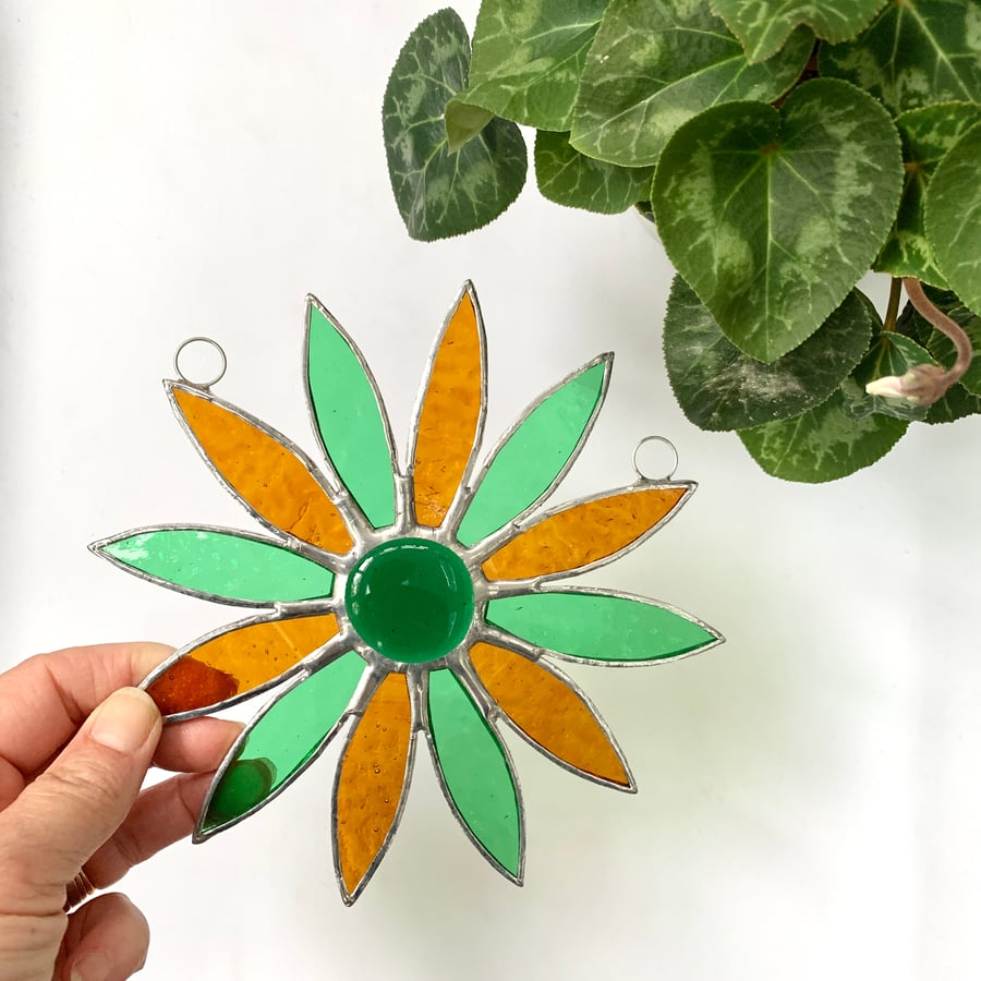 Stained Glass Daisy Suncatcher Handmade Hanging Decoration - Green and Amber
