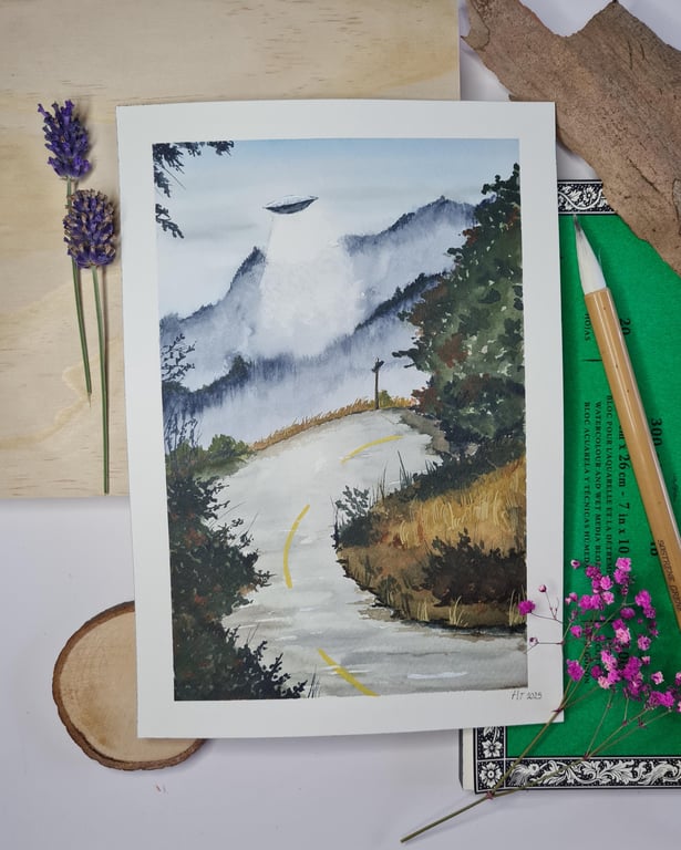 Original watercolour painting misty UFO over road landscape alien painting