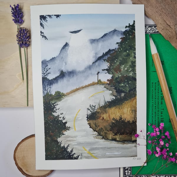 Original watercolour painting misty UFO over road landscape alien painting