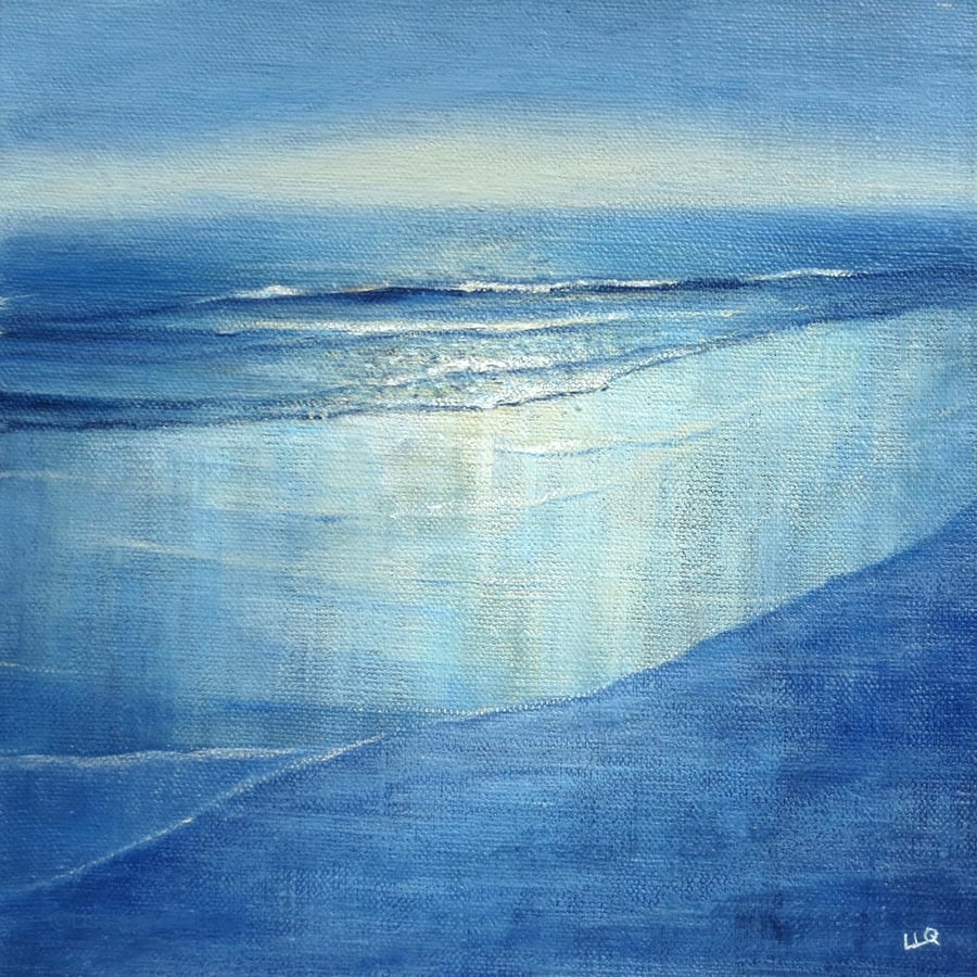 Setting sun beach original seascape painting atmospheric summer evening shore