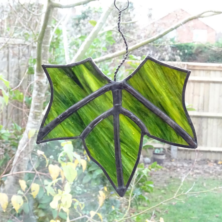 Stained Glass Leaf Suncatcher - Handmade Window Decoration - Dark Green Streaky