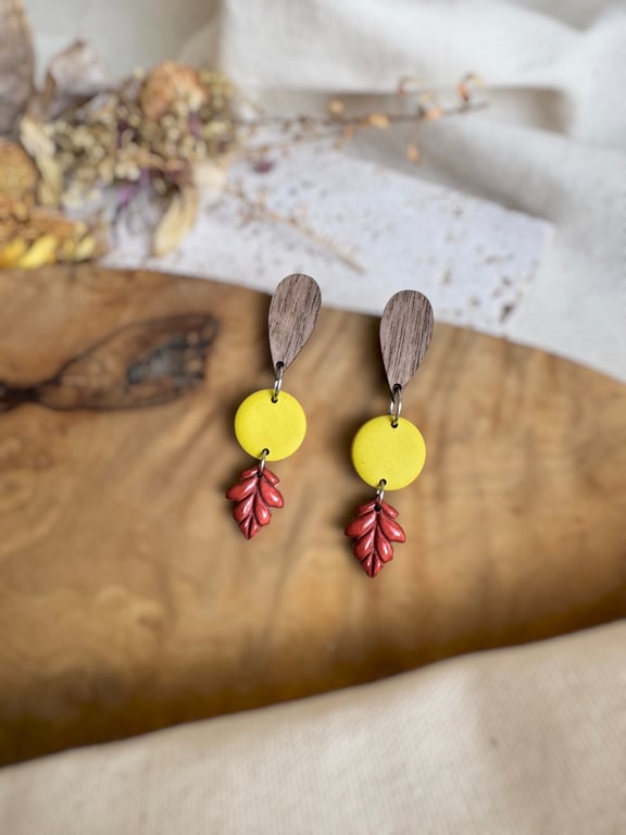 Autumn Walnut Wood Teardrop & Shimmering Rust Leaf Polymer Clay Earrings