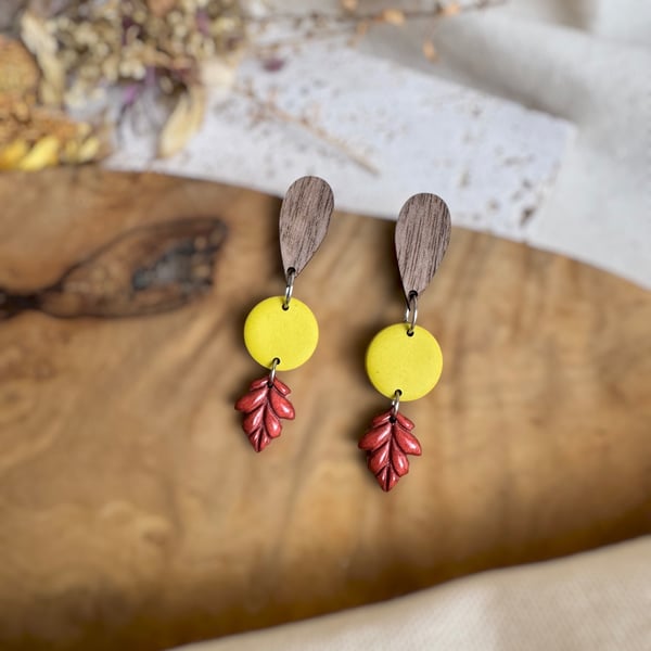 Autumn Walnut Wood Teardrop & Shimmering Rust Leaf Polymer Clay Earrings