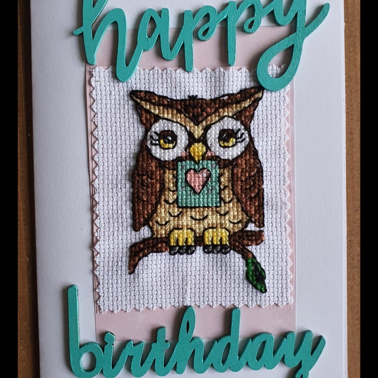 Owl cross stitched birthday card
