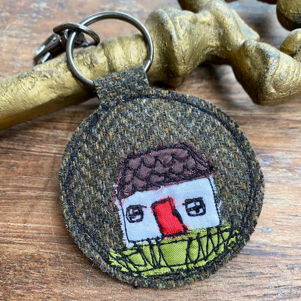 Up-cycled plaid white cottage key ring or bag charm. 