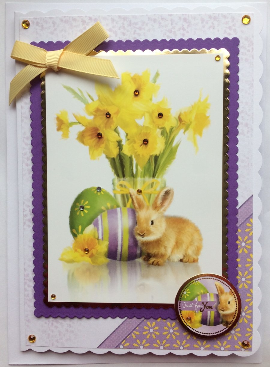 Easter Card Just for You Rabbit Eggs and Daffodils 3D Luxury Handmade Card