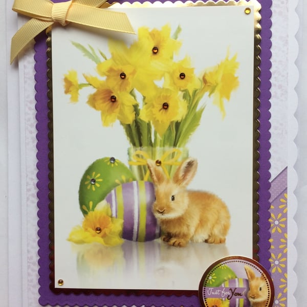 Easter Card Just for You Rabbit Eggs and Daffodils 3D Luxury Handmade Card