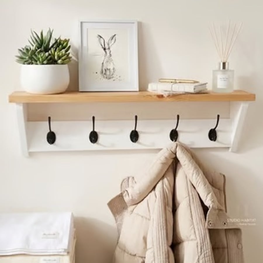 Handmade White Coat Rack with Pine Shelf, Black Hooks Hallway Entryway Storage