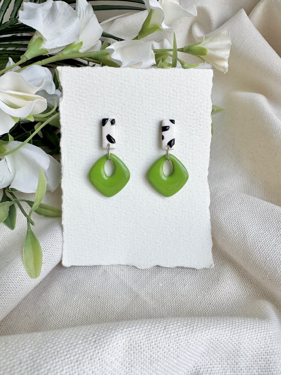 White and Abstract Black with Green Polymer Clay Earrings