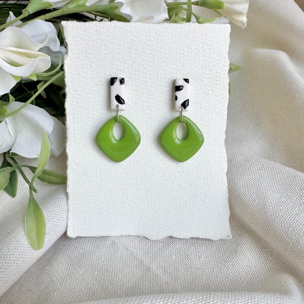 White and Abstract Black with Green Polymer Clay Earrings