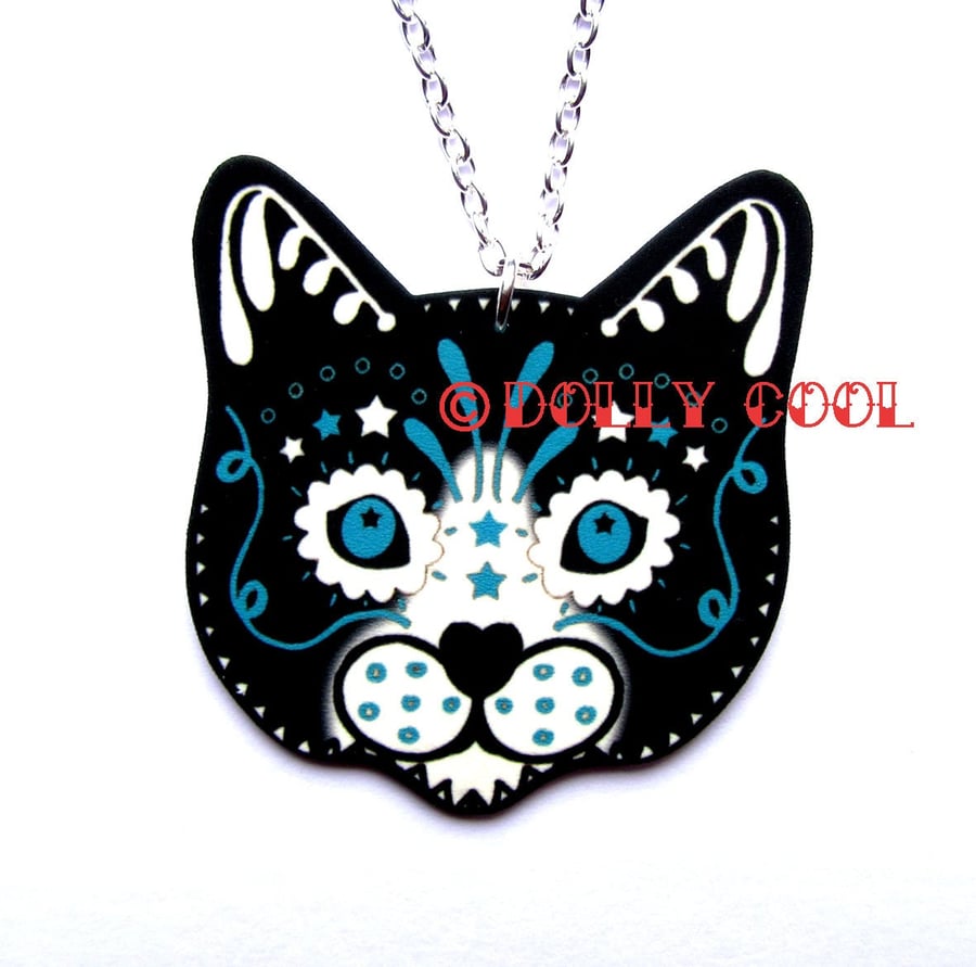 Tuxedo Cat Necklace Sugar Skull Style by Dolly Cool Black White Kitty 