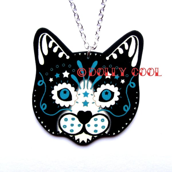 Tuxedo Cat Necklace Sugar Skull Style by Dolly Cool Black White Kitty 