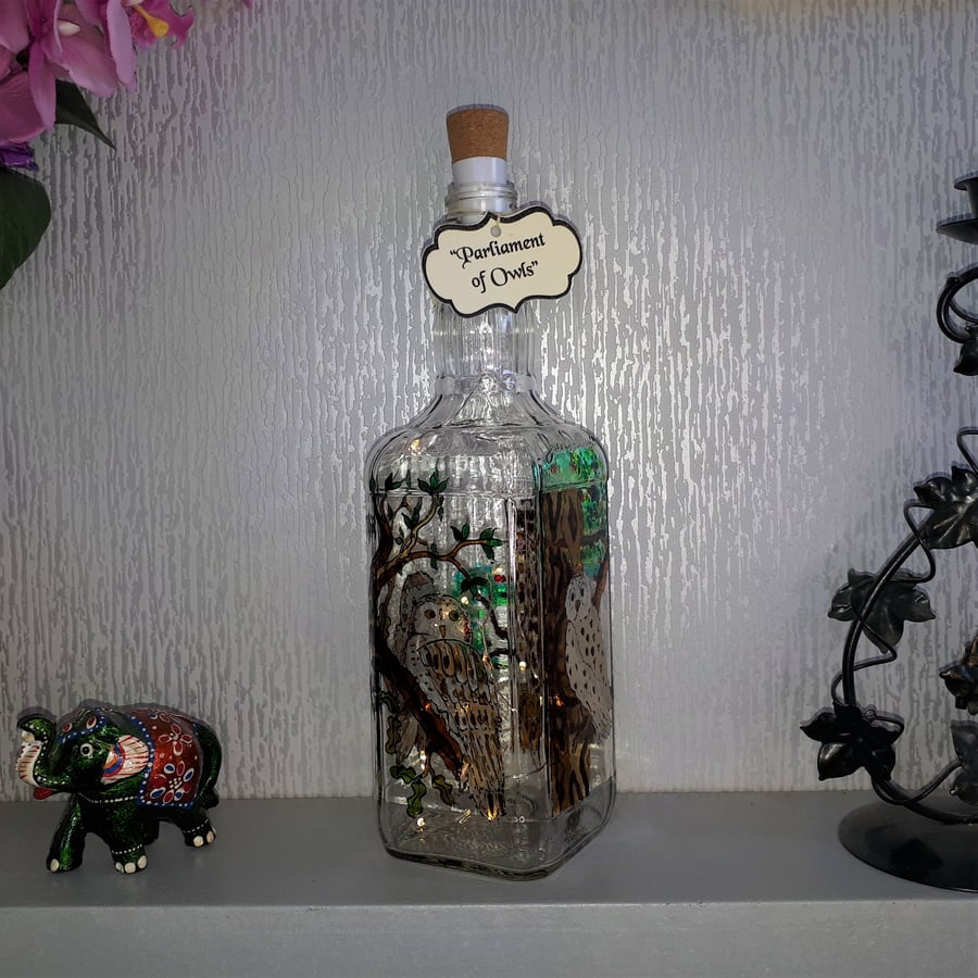 Parliament of Owls - Handpainted Bottle Light