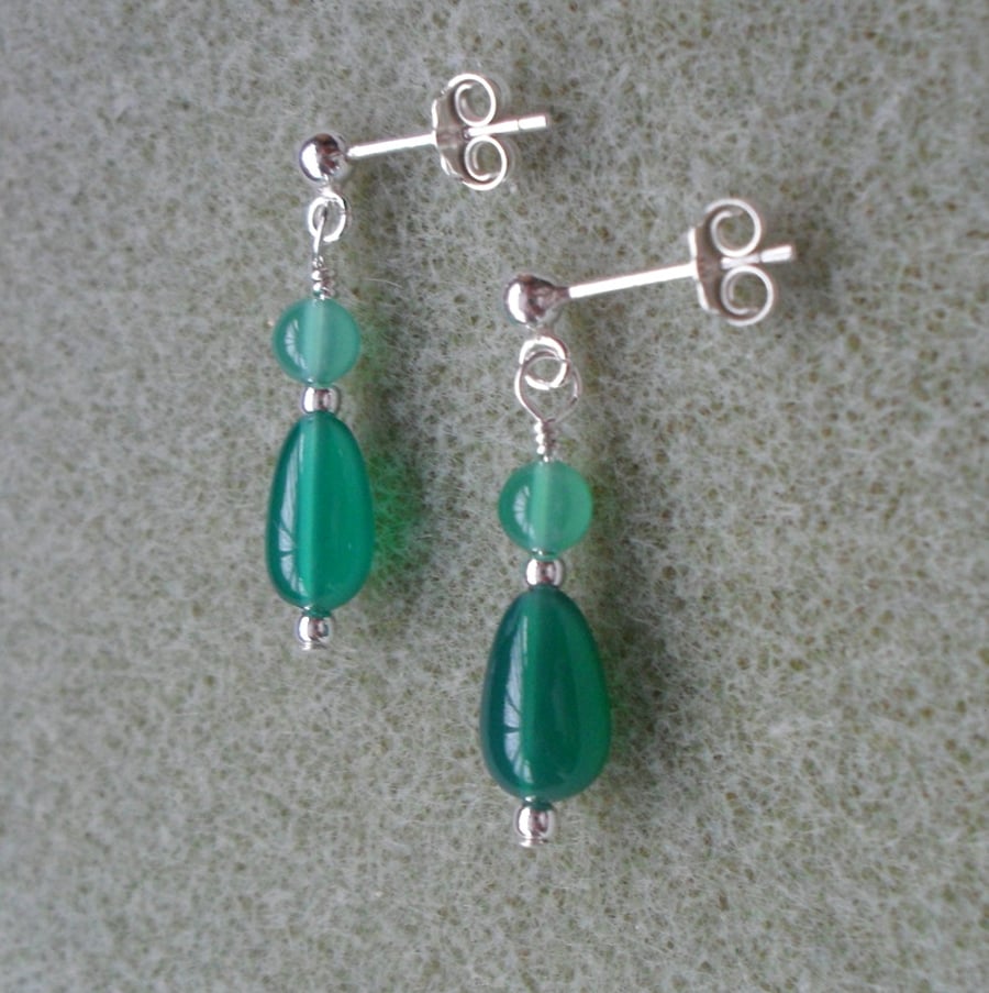 Green Onyx and Agate Drop Sterling Silver Earrings