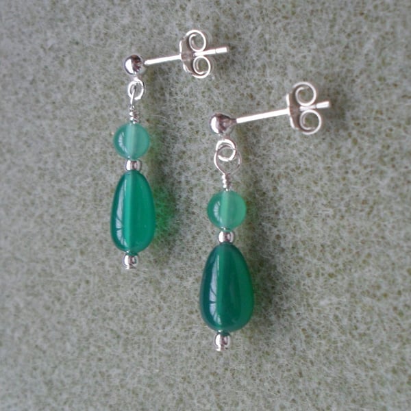 Green Onyx and Agate Drop Sterling Silver Earrings