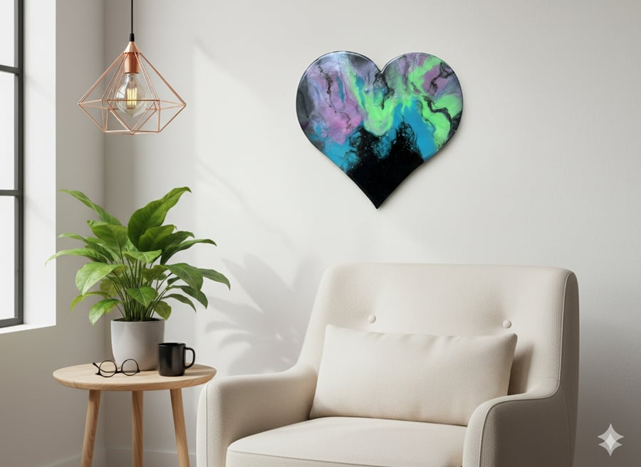 Luminous Renewal – Heart-Shaped Resin Wall Art,  43cm Abstract Resin Painting