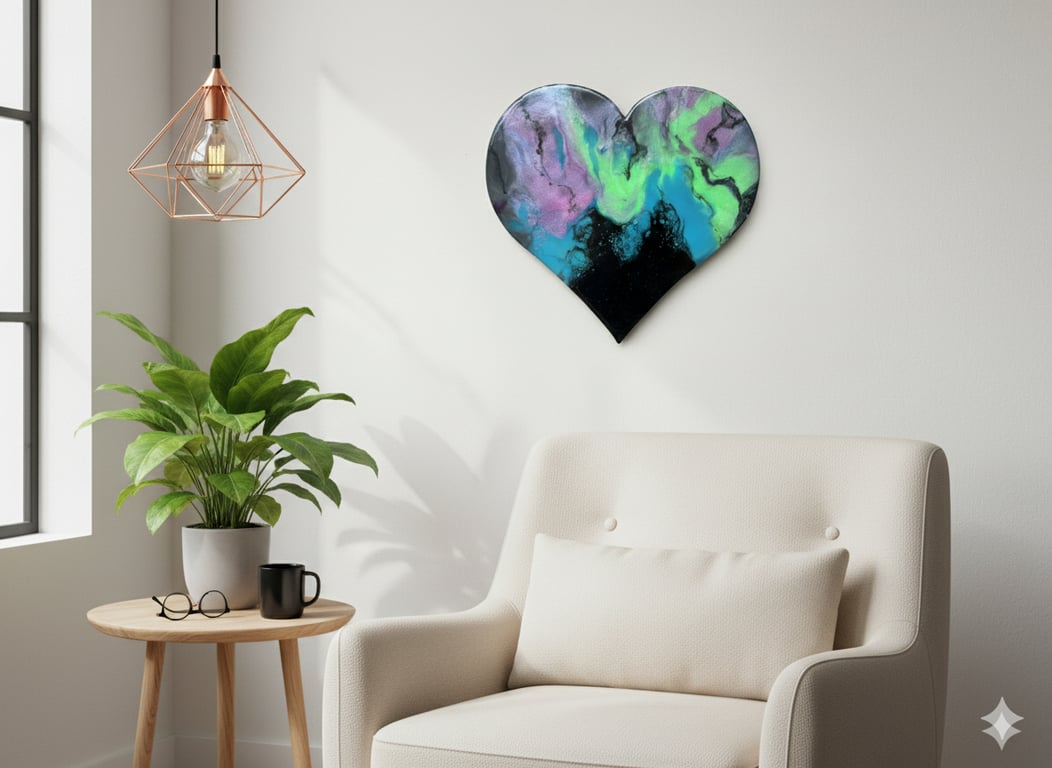 Luminous Renewal – Heart-Shaped Resin Wall Art,  43cm Abstract Resin Painting