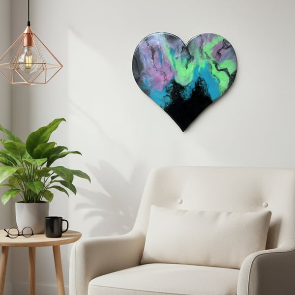 Luminous Renewal – Heart-Shaped Resin Wall Art,  43cm Abstract Resin Painting
