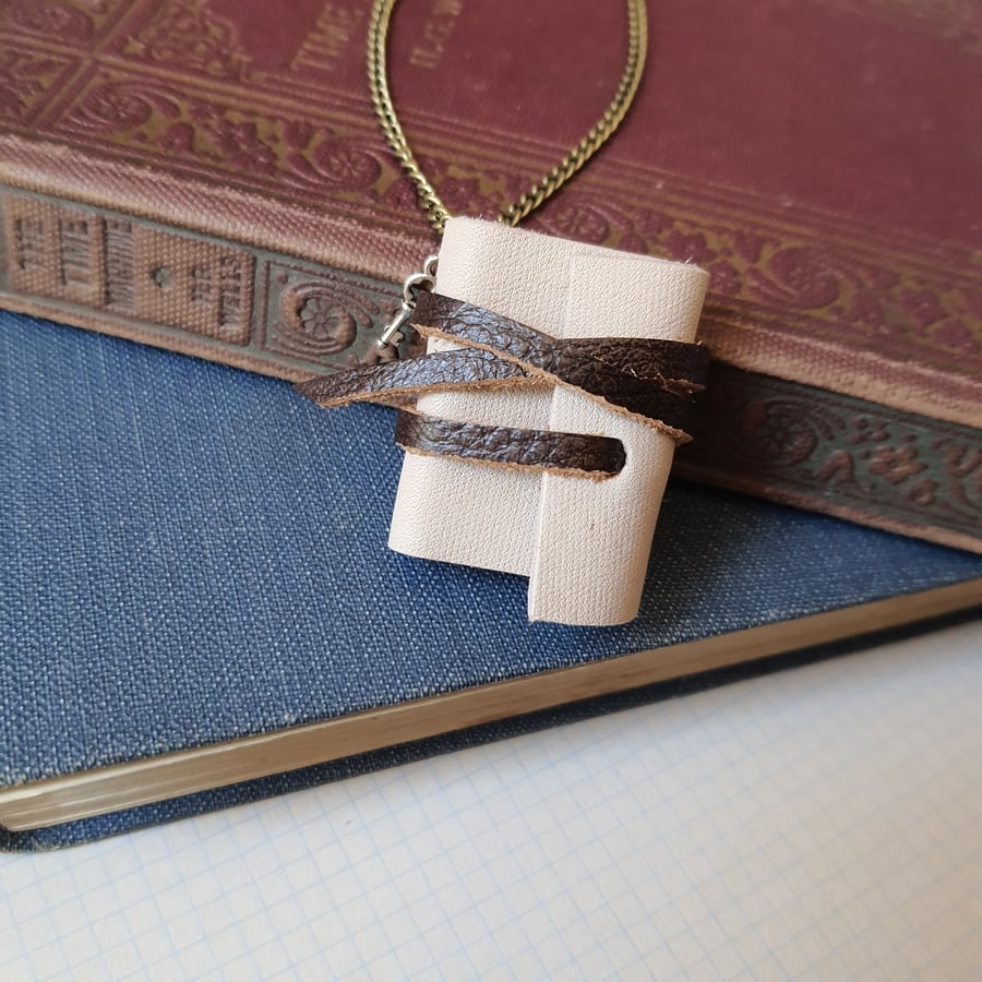 Grey leather book necklace with key charm