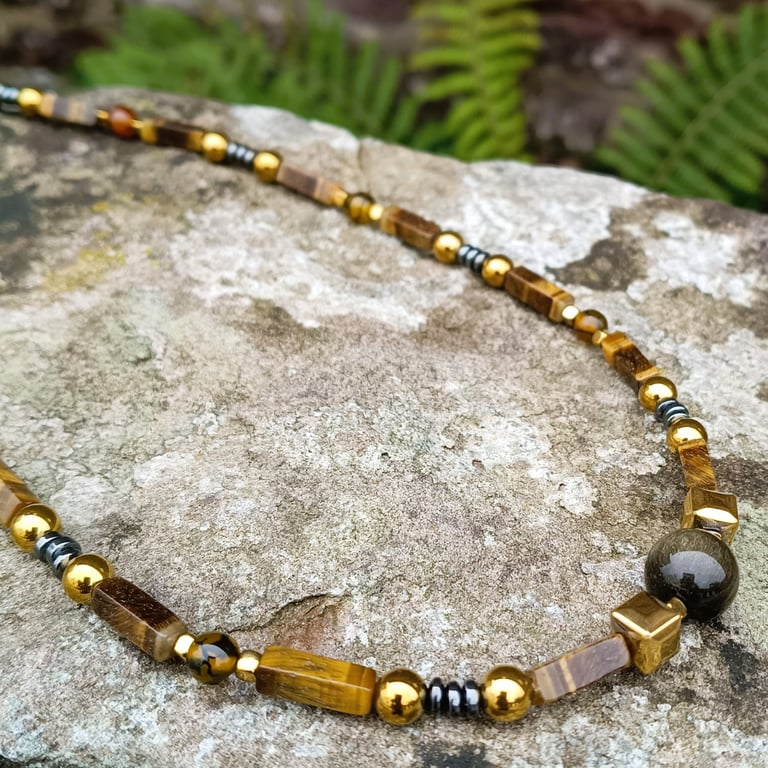 Mens Tiger Eye & Hematite Necklace 21 Inch, Natural Gemstone Beaded Jewellery 