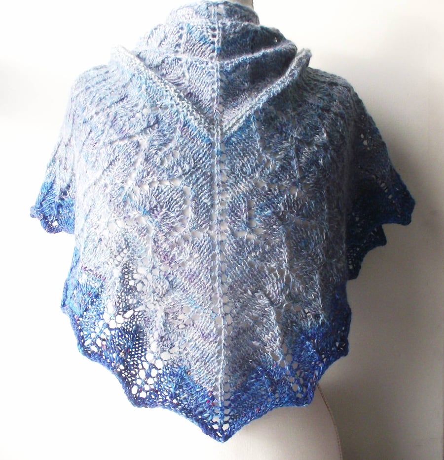 Lacy Shawl, Handspun Knitted Blues- Merino Wool, Bamboo & Recycled Sari Silk