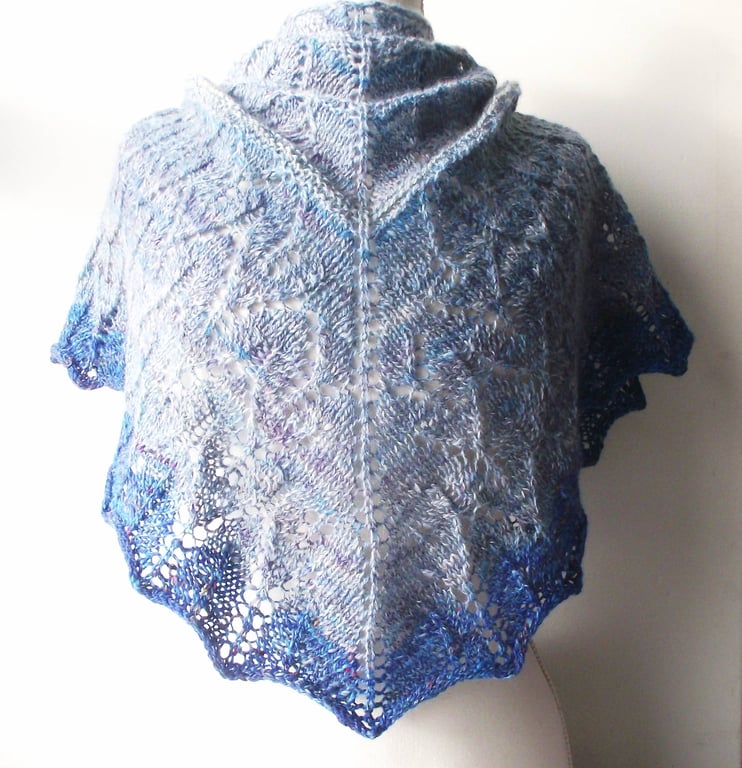 Lacy Shawl, Handspun Knitted Blues- Merino Wool, Bamboo & Recycled Sari Silk