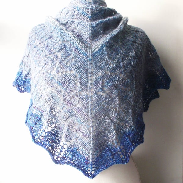 Lacy Shawl, Handspun Knitted Blues- Merino Wool, Bamboo & Recycled Sari Silk