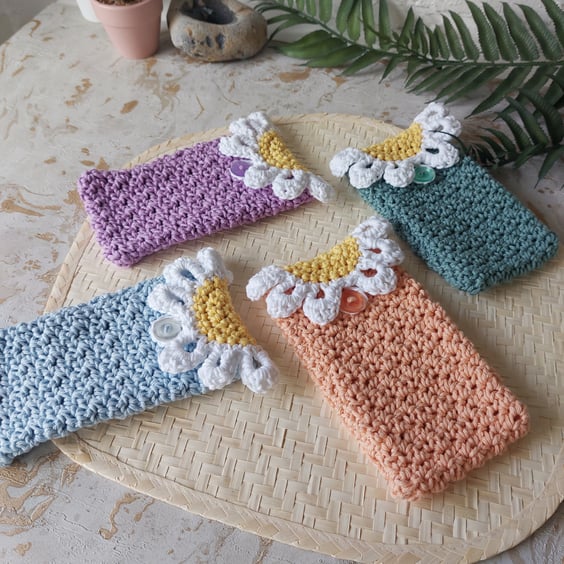 Crochet Cotton Daisy Glasses Case, Phone Case 