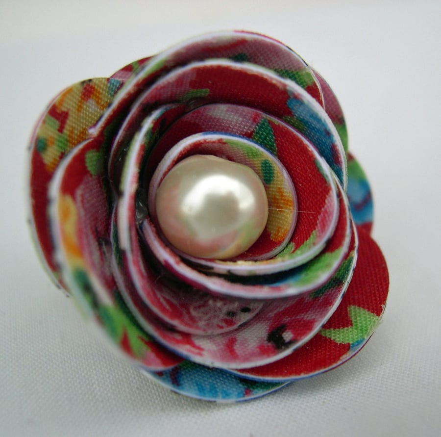 Hardened Fabric Ditsy Floral Red Rose Brooch 