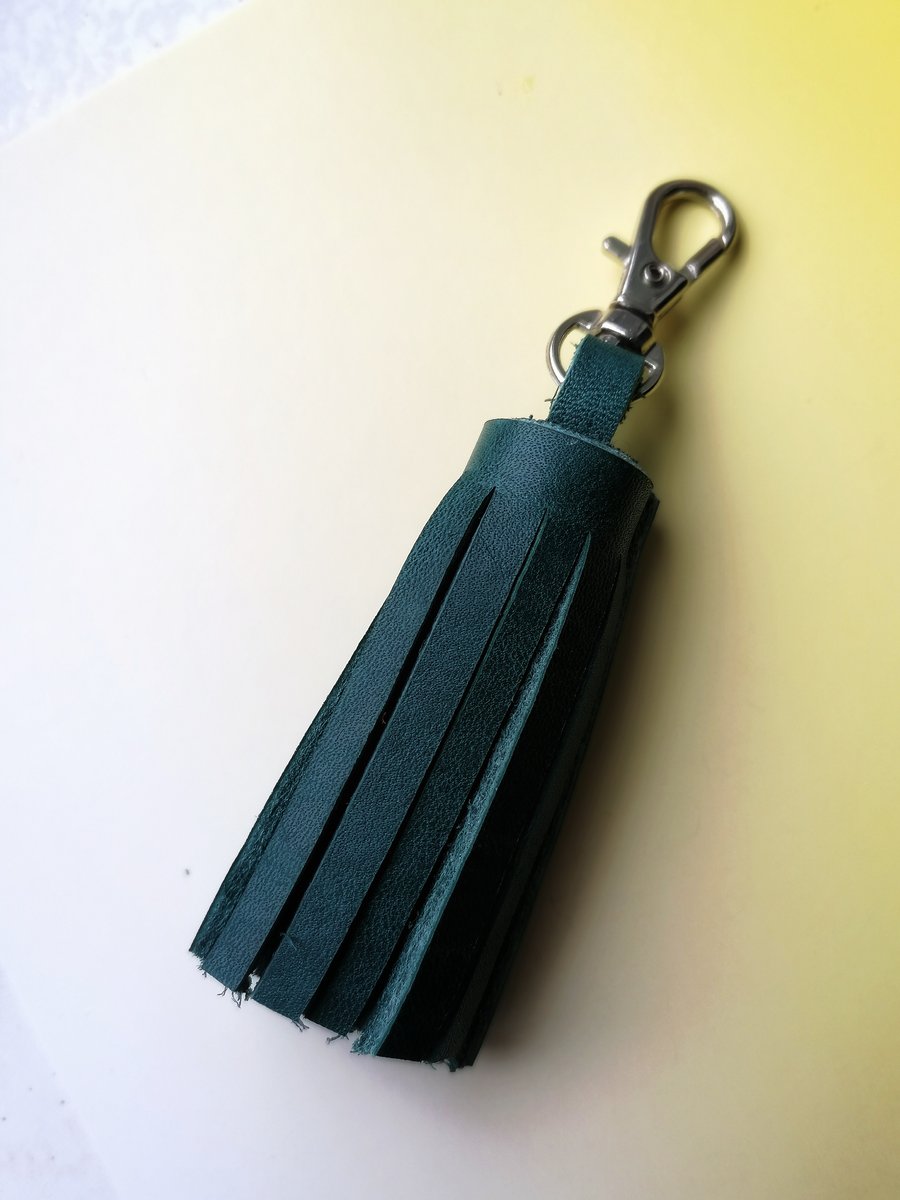 Handmade Leather Tassel Keyring - Dark Green